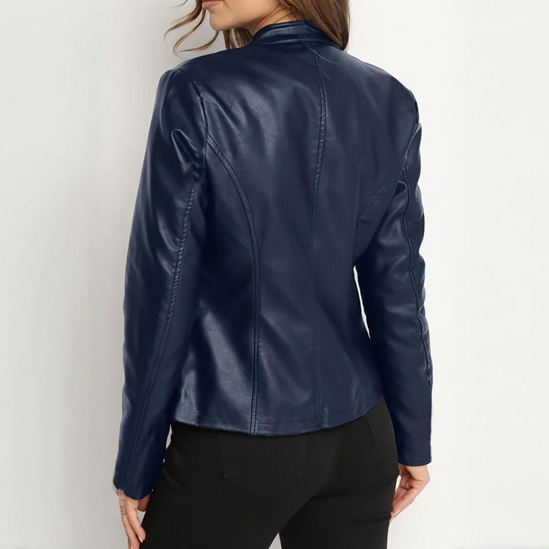 Women's Long Sleeve Stand Collar Faux Leather Single Button Zippered Jacket