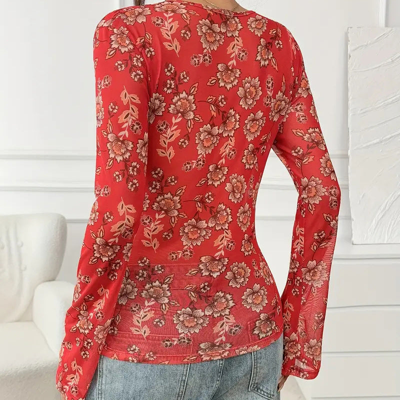 Ruched Waist Floral V-Neck Long Sleeve Top