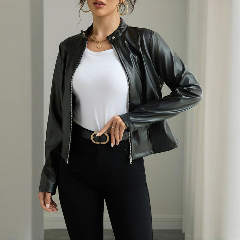Women's Long Sleeve Stand Collar Faux Leather Single Button Zippered Jacket