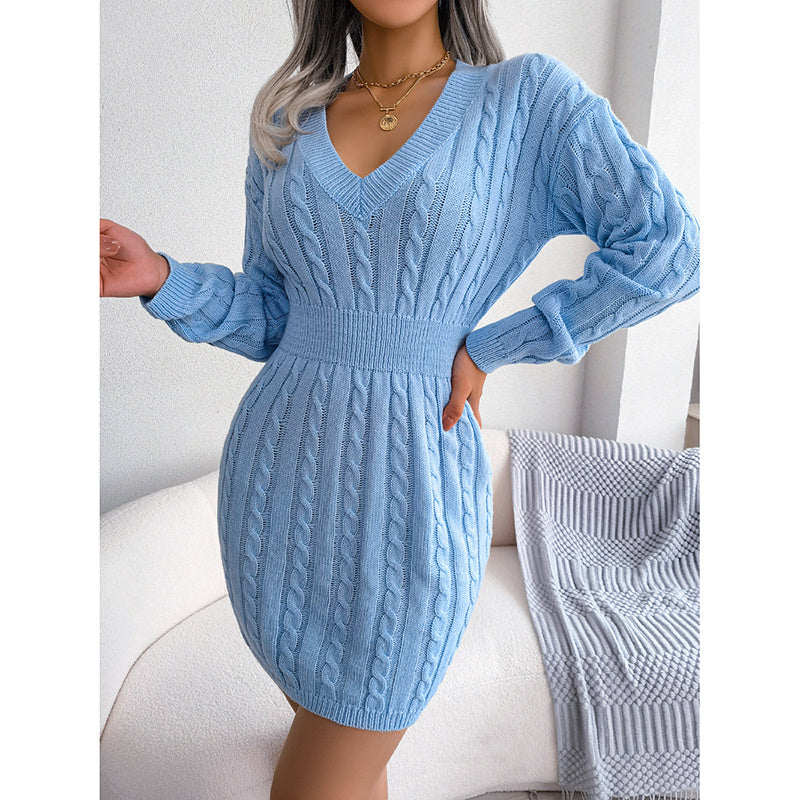 Cable Knit V-Neck Bodycon Sweater Dress