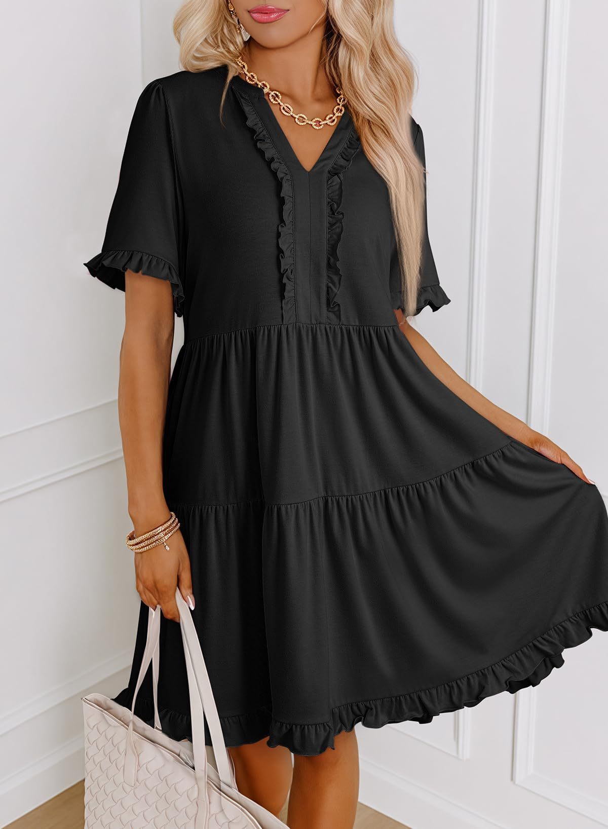 V-Neck Ruffle Sleeve Tiered A-Line Dress