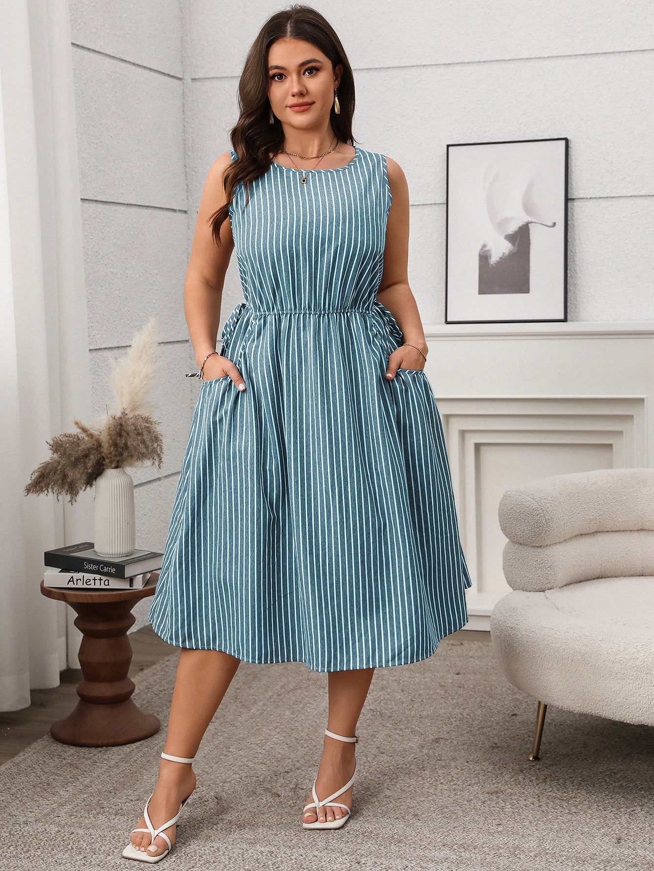 Contrast Color Striped Sleeveless Pocket Dress