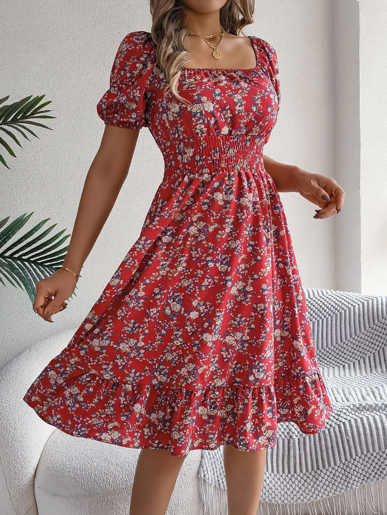 Smocked Floral Puff Sleeve Dress