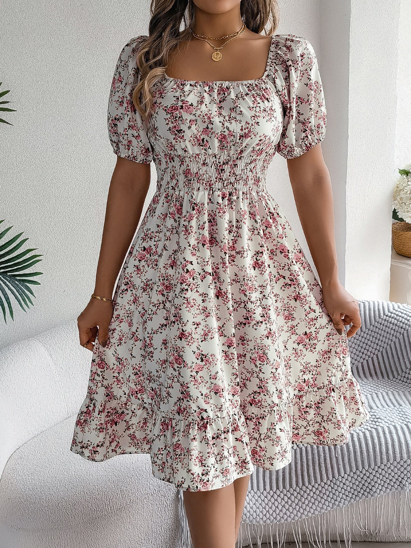Smocked Floral Puff Sleeve Dress