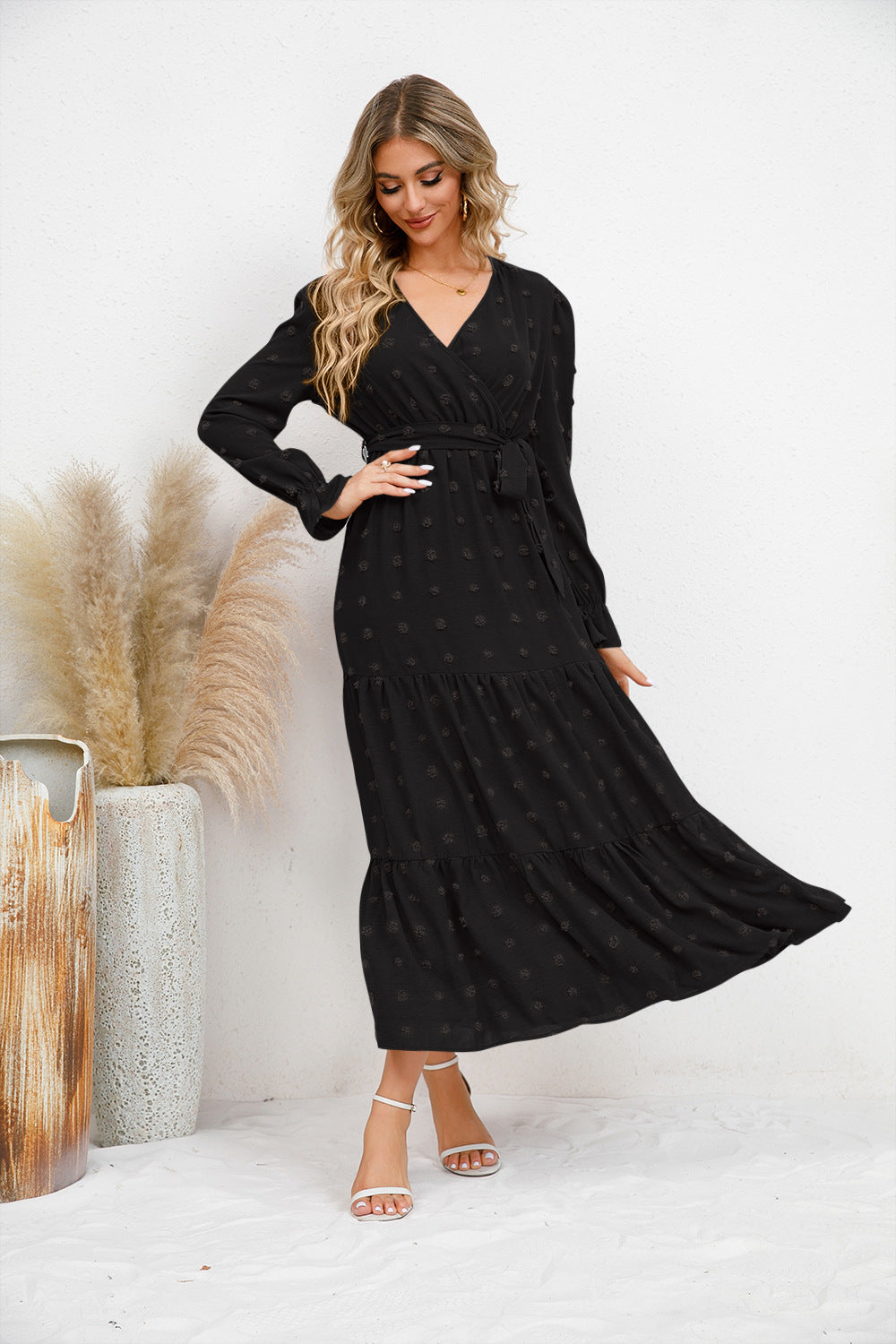 Textured Tiered Maxi Wrap Dress