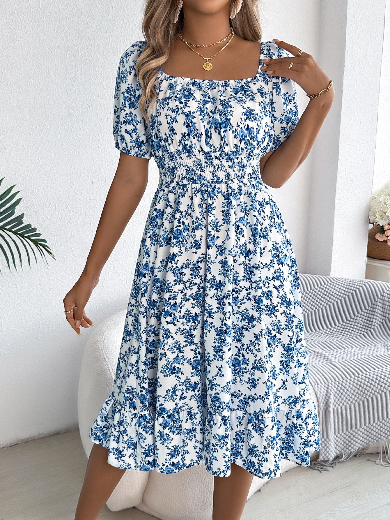 Smocked Floral Puff Sleeve Dress