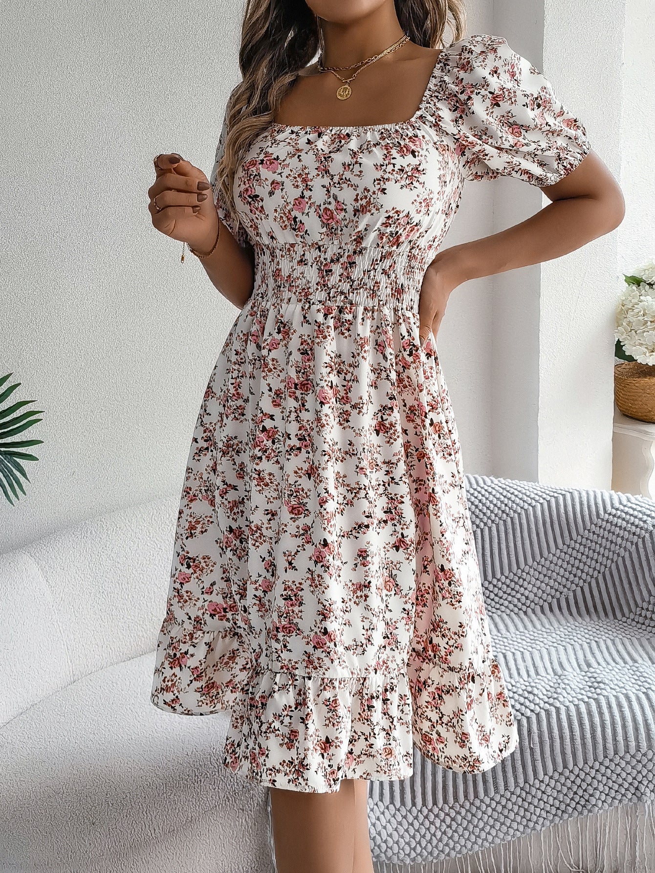 Smocked Floral Puff Sleeve Dress