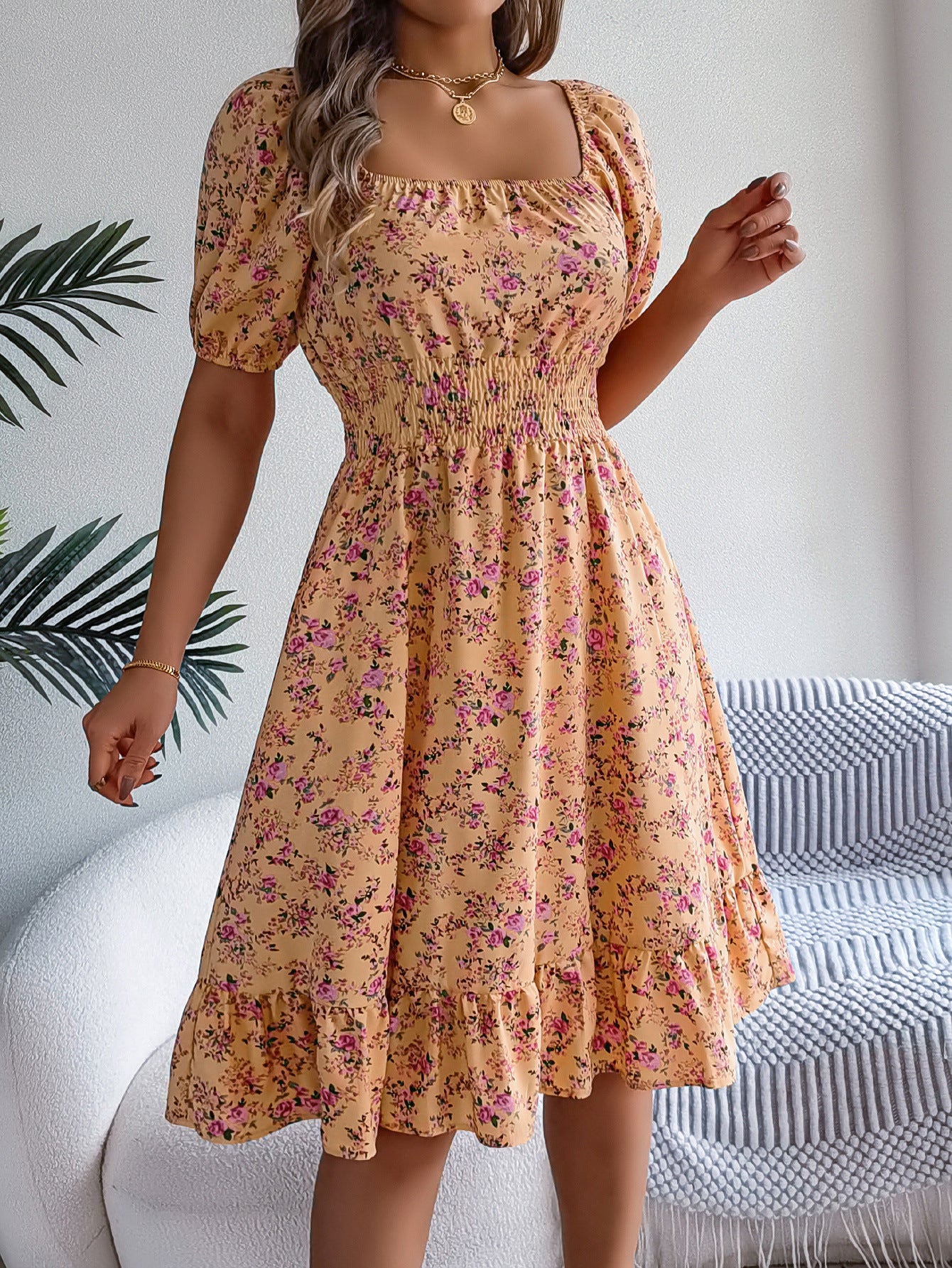 Smocked Floral Puff Sleeve Dress
