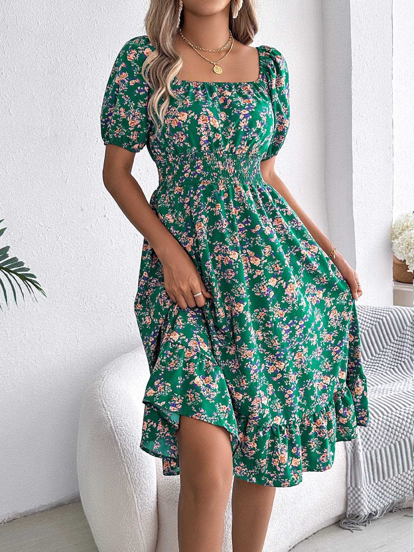 Smocked Floral Puff Sleeve Dress