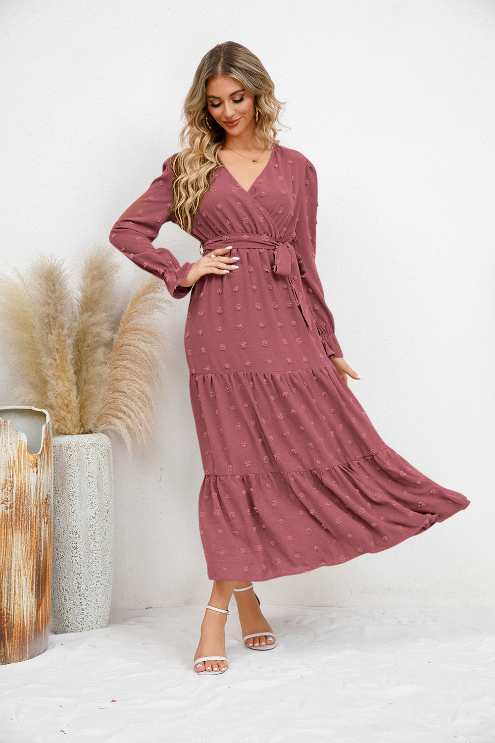 Textured Tiered Maxi Wrap Dress