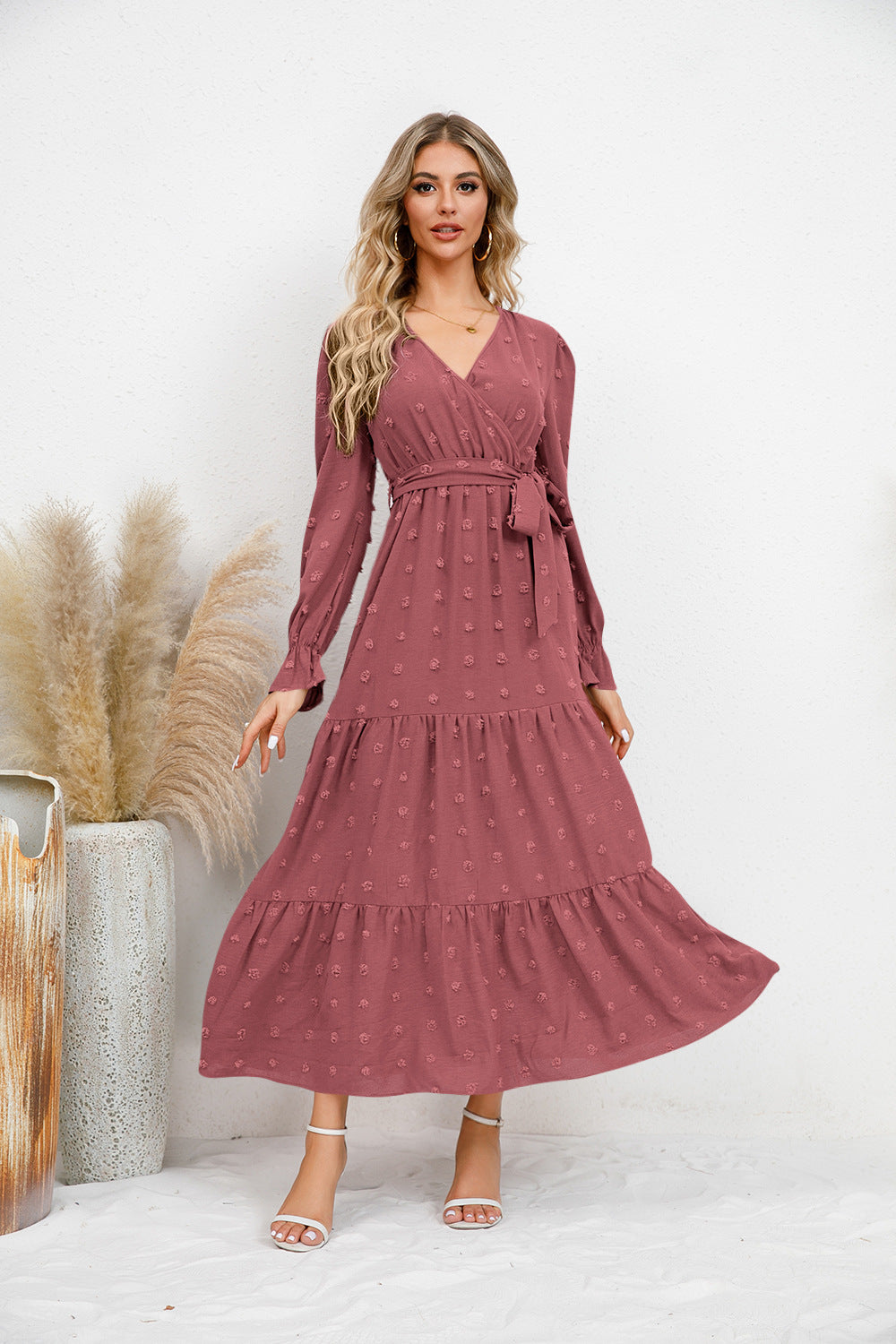 Textured Tiered Maxi Wrap Dress