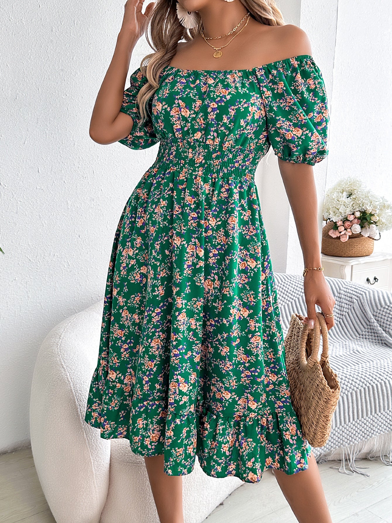 Smocked Floral Puff Sleeve Dress