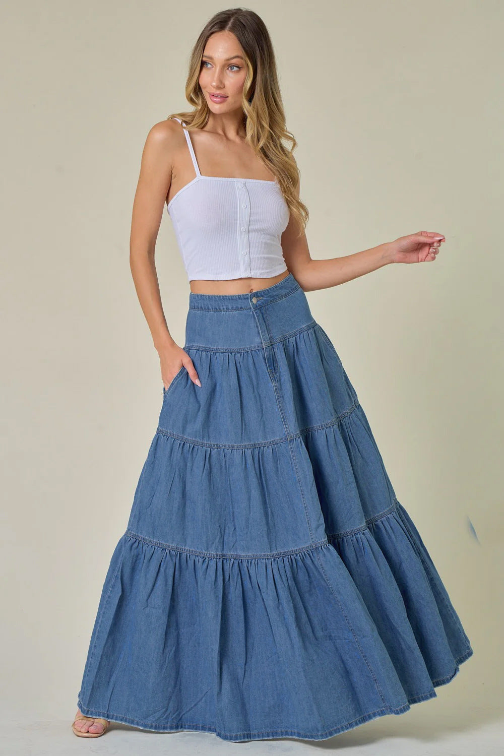 Low Waist Distressed, All-matching Denim Maxi Skirt