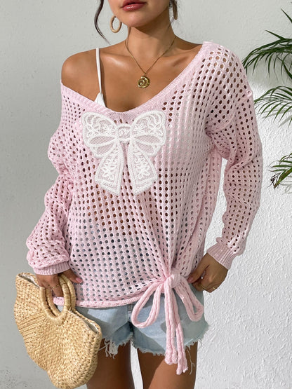 Open Knit Lace Bow Pullover Long Sleeve Top