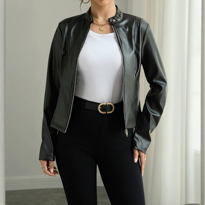 Women's Long Sleeve Stand Collar Faux Leather Single Button Zippered Jacket