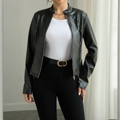 Women's Long Sleeve Stand Collar Faux Leather Single Button Zippered Jacket