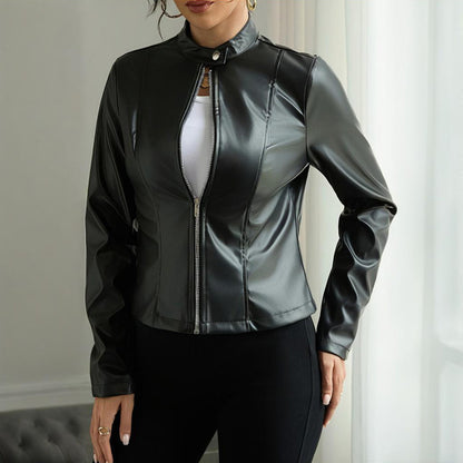 Women's Long Sleeve Stand Collar Faux Leather Single Button Zippered Jacket