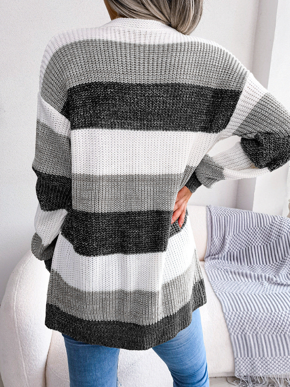 Plaid Sweater Casual Lantern Sleeves Cardigan