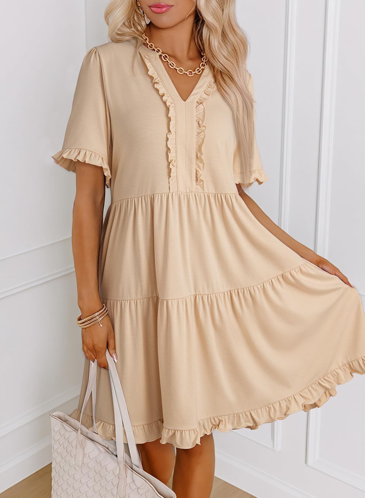V-Neck Ruffle Sleeve Tiered A-Line Dress