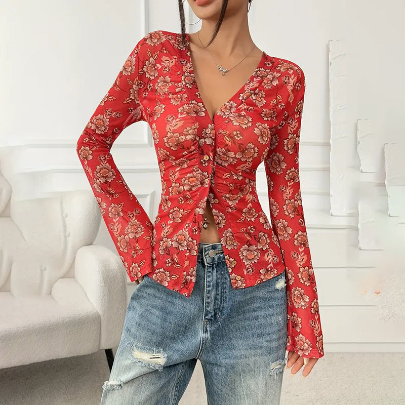 Ruched Waist Floral V-Neck Long Sleeve Top