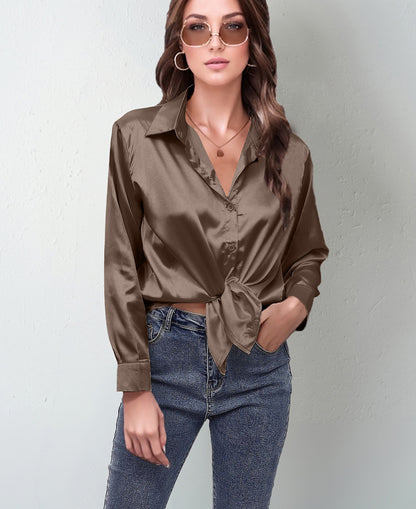Silk-like Long-sleeved Shirt Top