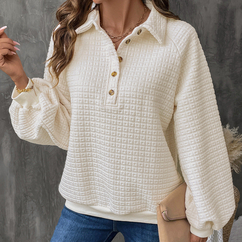 Textured Waffle Knit Button-Up Collar Sweater
