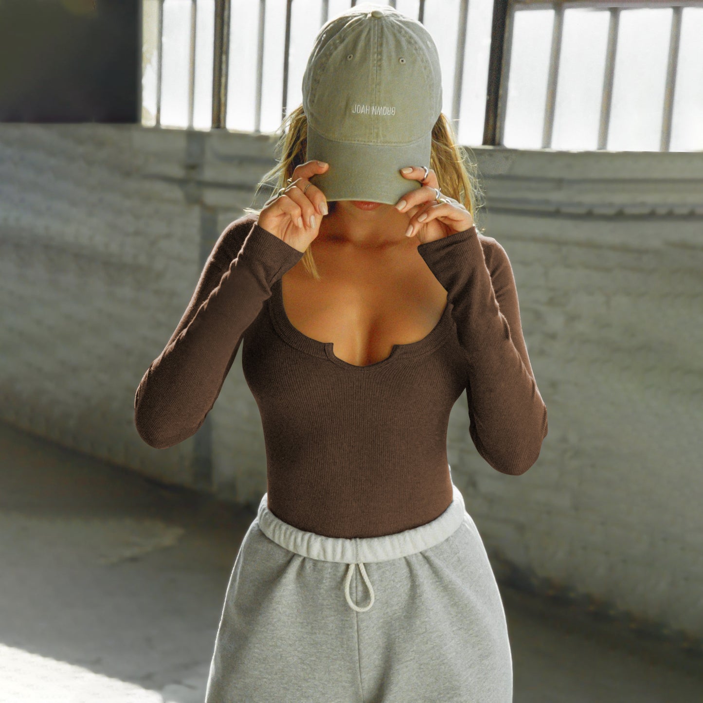 Contemporary Notch-Neck Long Sleeve Top