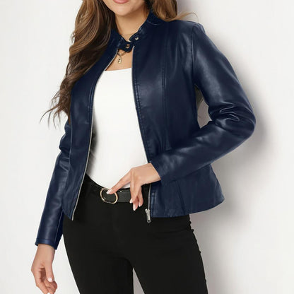 Women's Long Sleeve Stand Collar Faux Leather Single Button Zippered Jacket