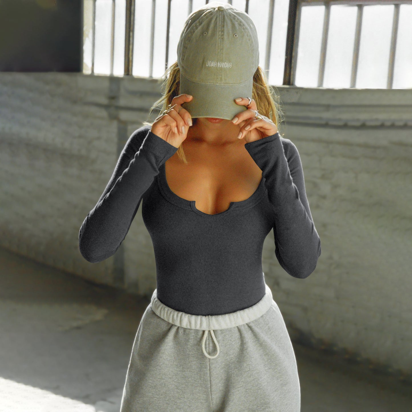 Contemporary Notch-Neck Long Sleeve Top