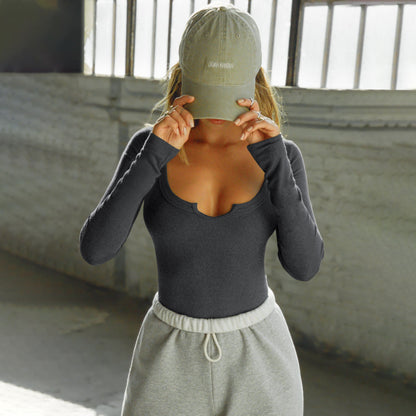 Contemporary Notch-Neck Long Sleeve Top