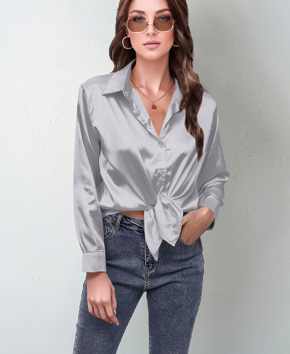 Silk-like Long-sleeved Shirt Top