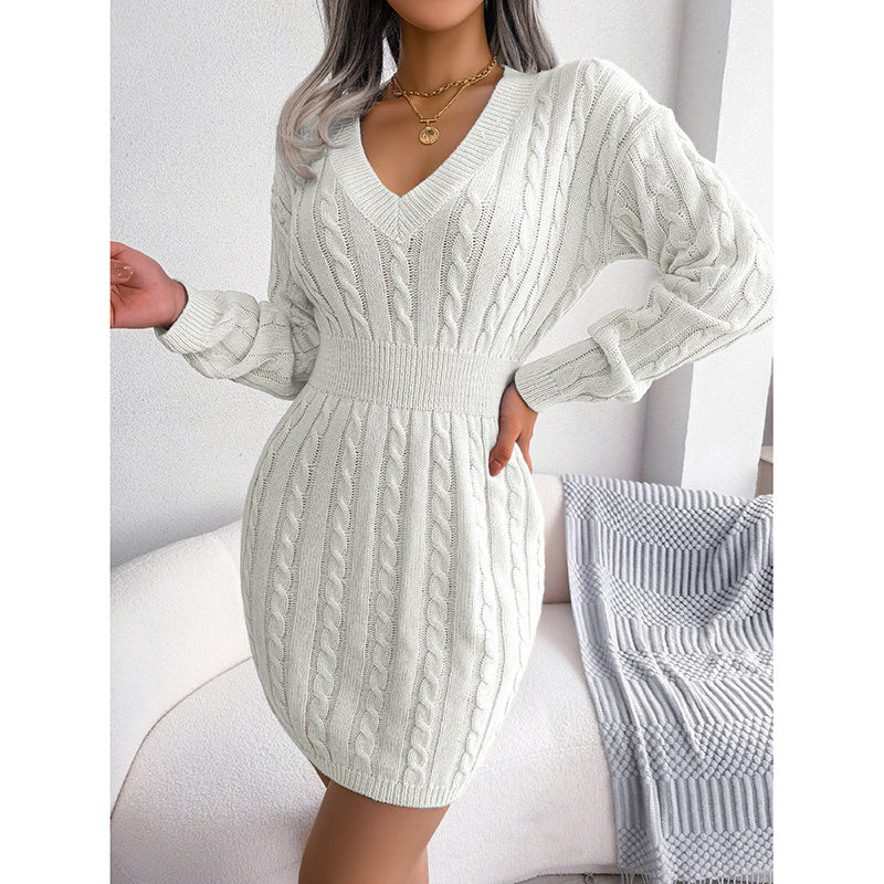 Cable Knit V-Neck Bodycon Sweater Dress
