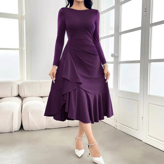 Elegant Ruffle, Long Sleeve Midi Dress