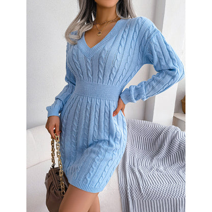 Cable Knit V-Neck Bodycon Sweater Dress