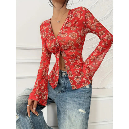 Ruched Waist Floral V-Neck Long Sleeve Top