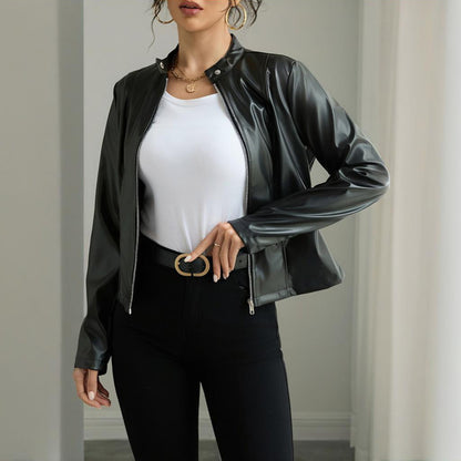 Women's Long Sleeve Stand Collar Faux Leather Single Button Zippered Jacket