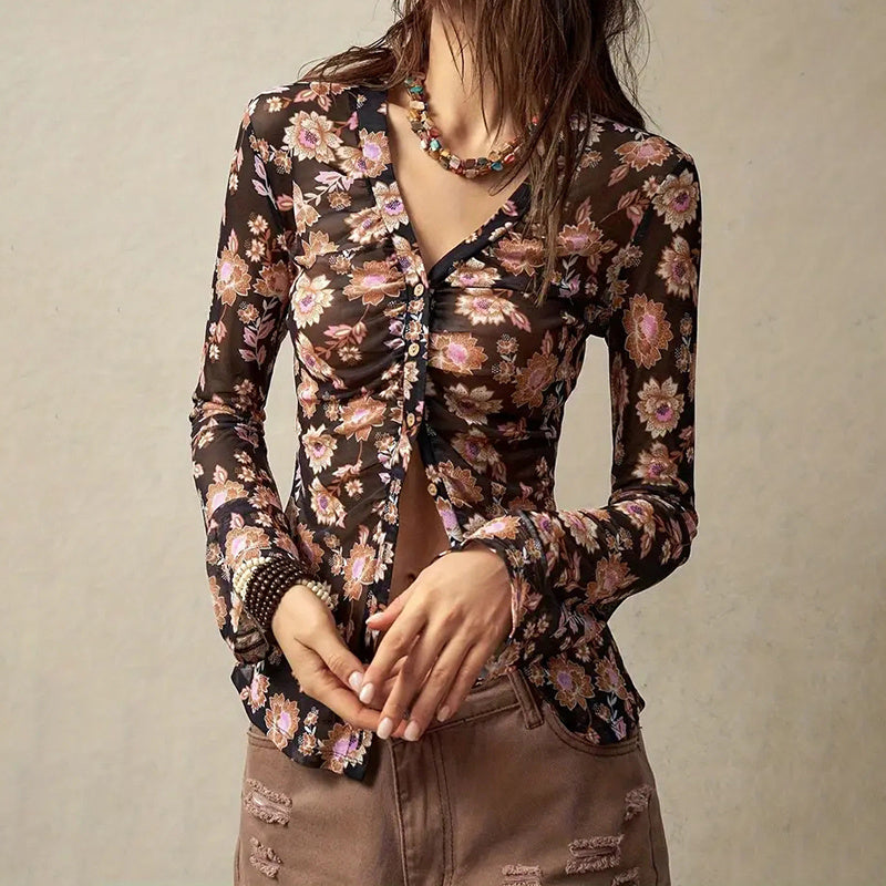 Ruched Waist Floral V-Neck Long Sleeve Top
