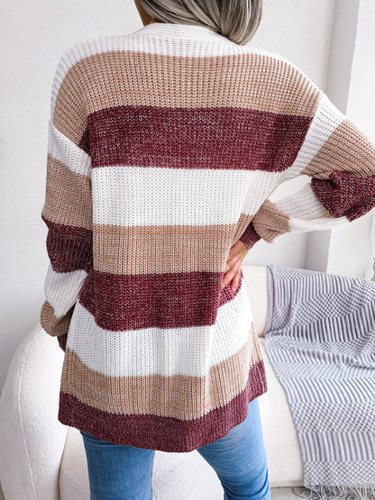 Plaid Sweater Casual Lantern Sleeves Cardigan