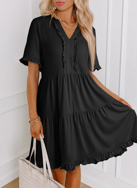 V-Neck Ruffle Sleeve Tiered A-Line Dress