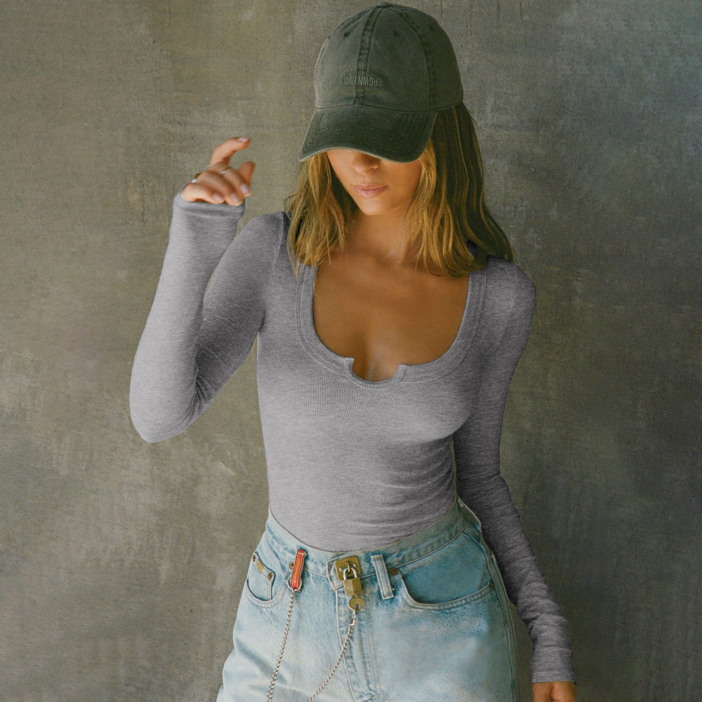Contemporary Notch-Neck Long Sleeve Top