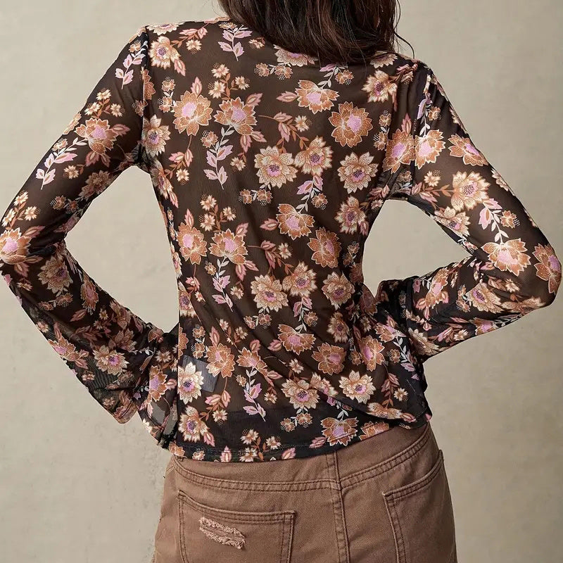 Ruched Waist Floral V-Neck Long Sleeve Top