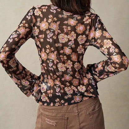 Ruched Waist Floral V-Neck Long Sleeve Top