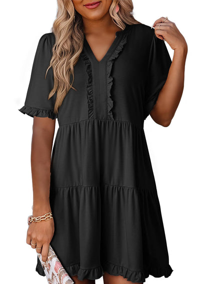 V-Neck Ruffle Sleeve Tiered A-Line Dress