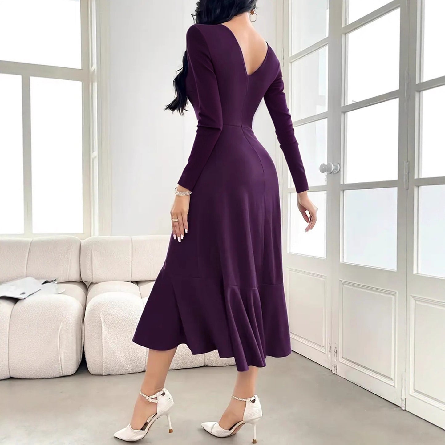 Elegant Ruffle, Long Sleeve Midi Dress