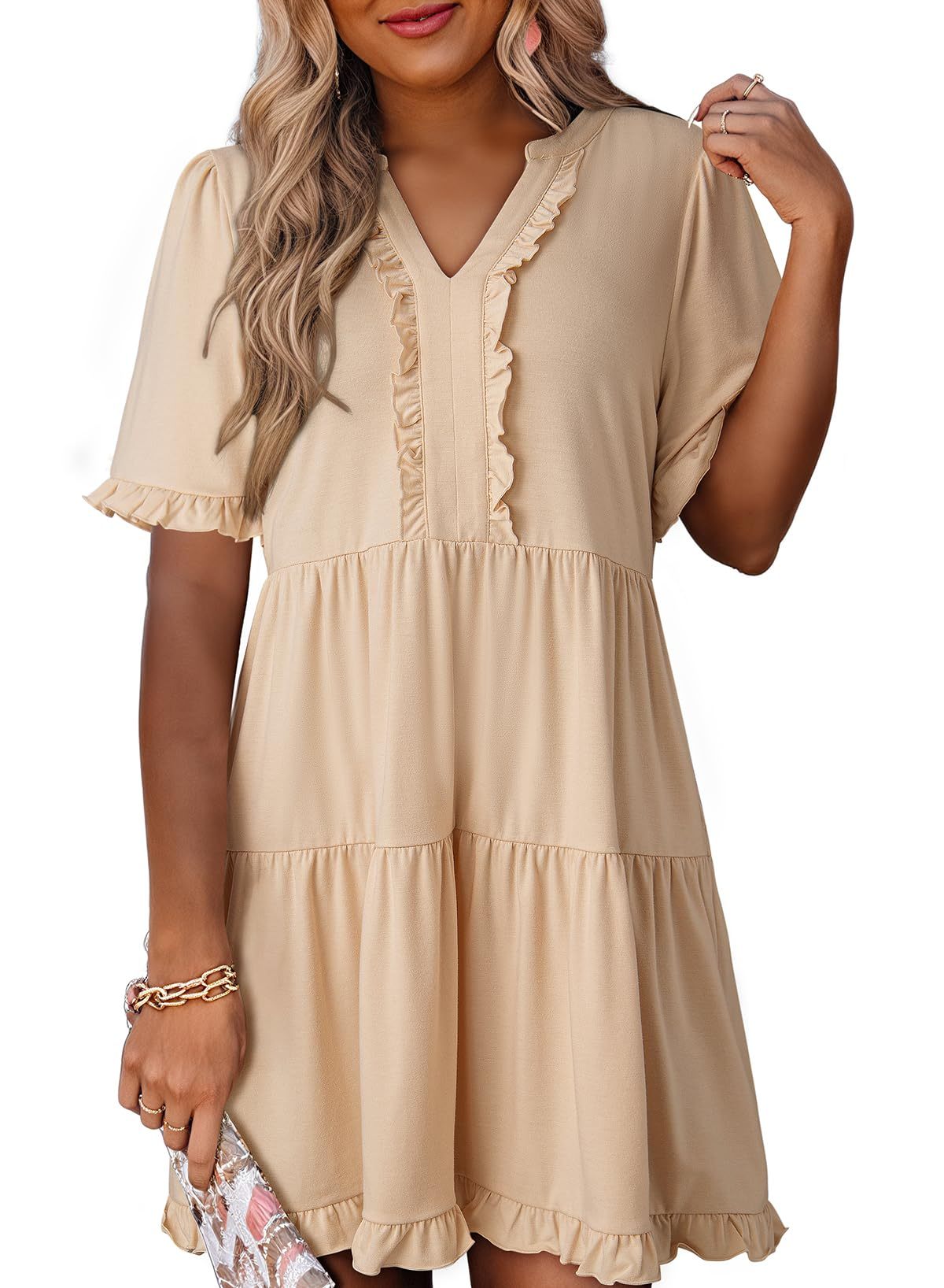 V-Neck Ruffle Sleeve Tiered A-Line Dress