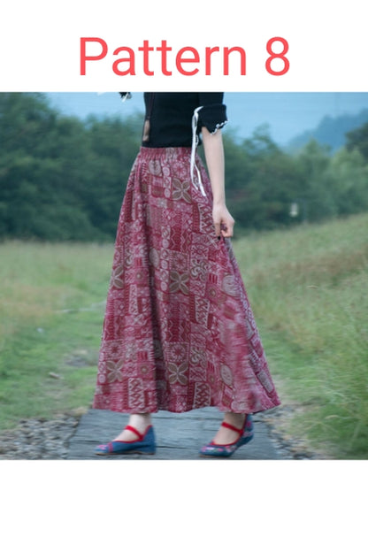 Bohemian Print Cotton Linen A-Line Maxi Skirt