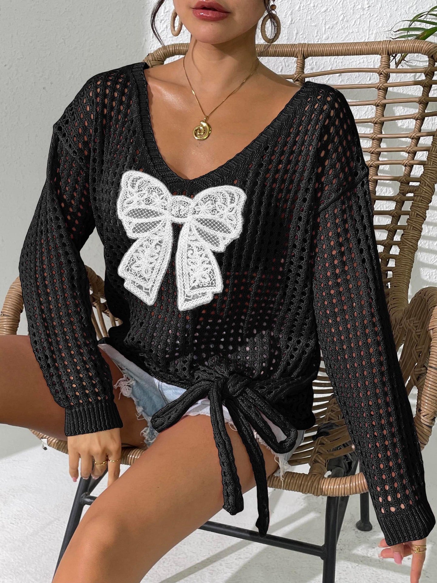 Open Knit Lace Bow Pullover Long Sleeve Top