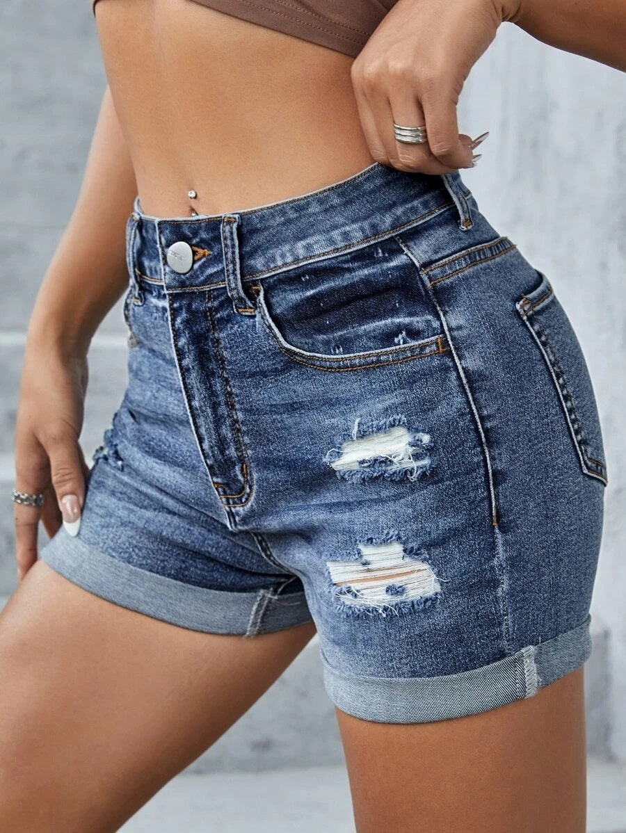 High Waist Ripped Denim Shorts