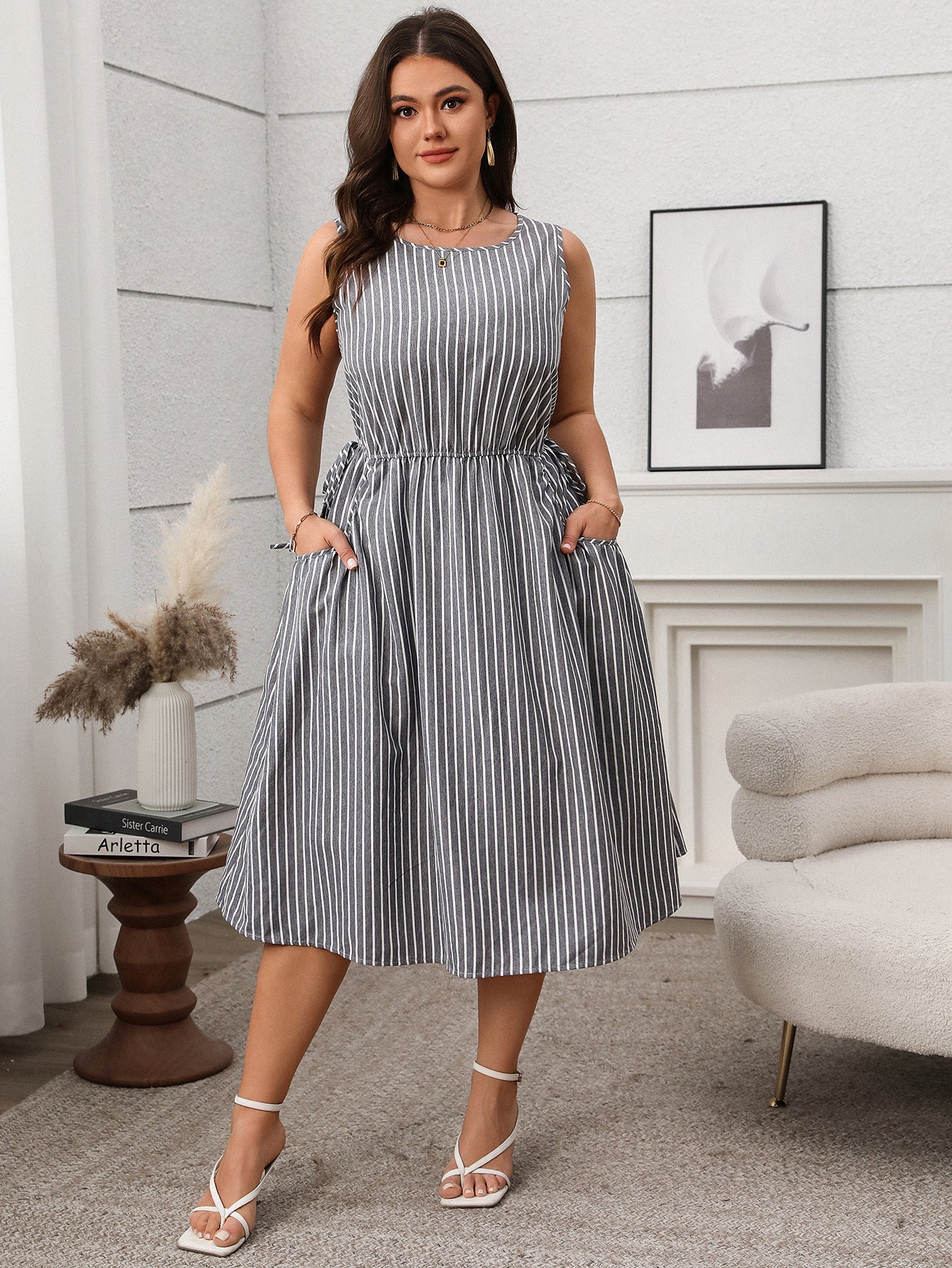 Contrast Color Striped Sleeveless Pocket Dress
