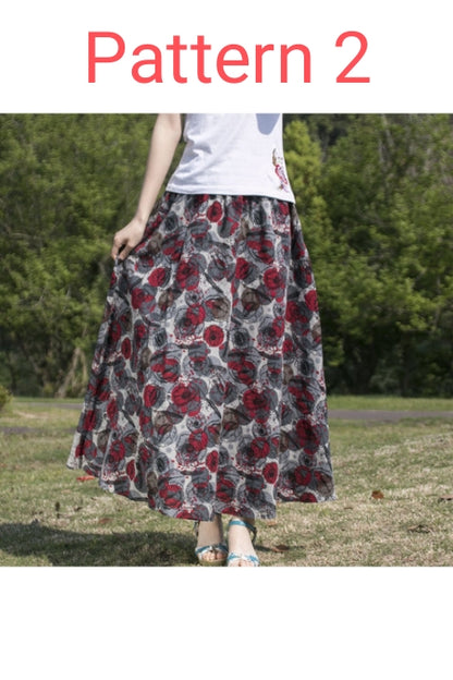 Bohemian Print Cotton Linen A-Line Maxi Skirt